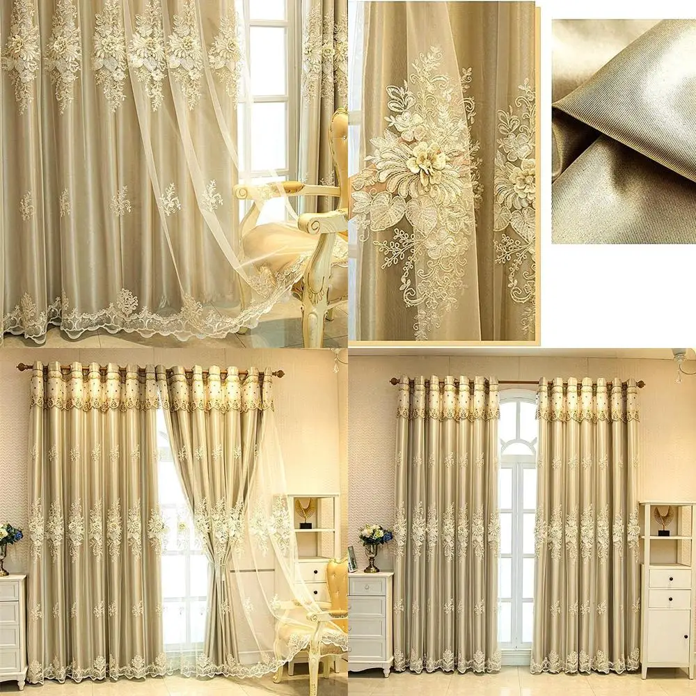 

Elegant European Double Layer Embroidered Curtains with Valance, Gold, 52x96 Inches