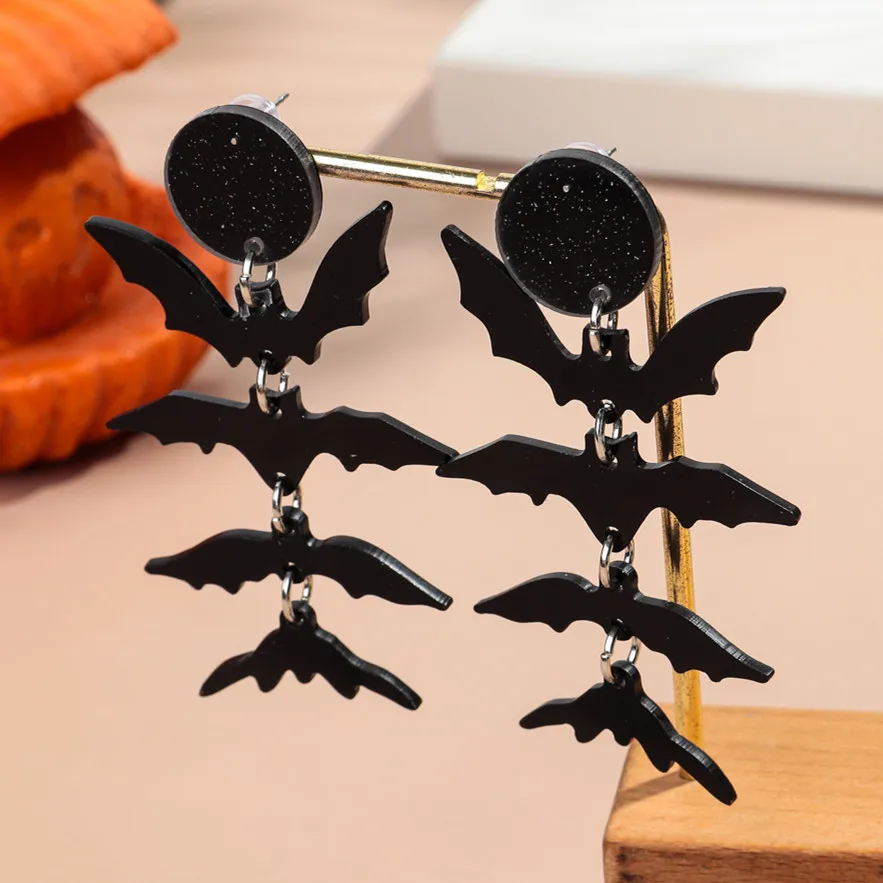 

New Dark Gothic Bat Acrylic Halloween Earrings for Women Exaggerated Multilayer Bats Long Drop Earring Party Jewelry Gift