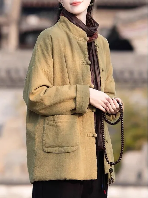 سترة نسائية من القطن الصيني مع زر دافئ للشاي الفني القديم ملابس خارجية معطف طويل Sve