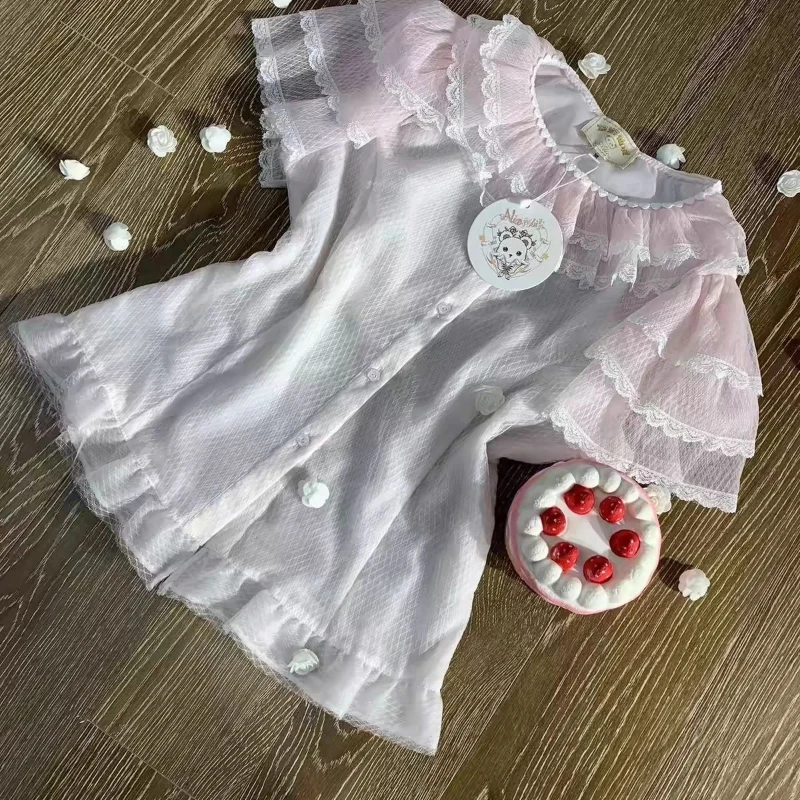 Kawaii Chic Design Lace Lovely Tops Pretty Fashion Slim Thin O-neck Solid Short Sleeve Clothing Design Casual Lolita T-shirts