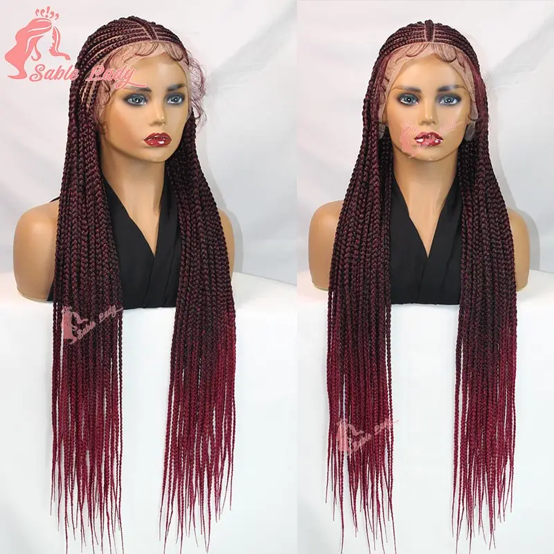 Cornrow Braided Wigs Box Braids Wig Synthetic Full Lace Knotless Braided Wig for Black Women Burgundy Lace Front Braiding Wig