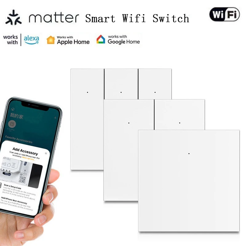 Matter Smart WIFI LED Light Switch EU 1/2/3 No Neutral Wire Required Remote Control Homekit Alexa Google Home