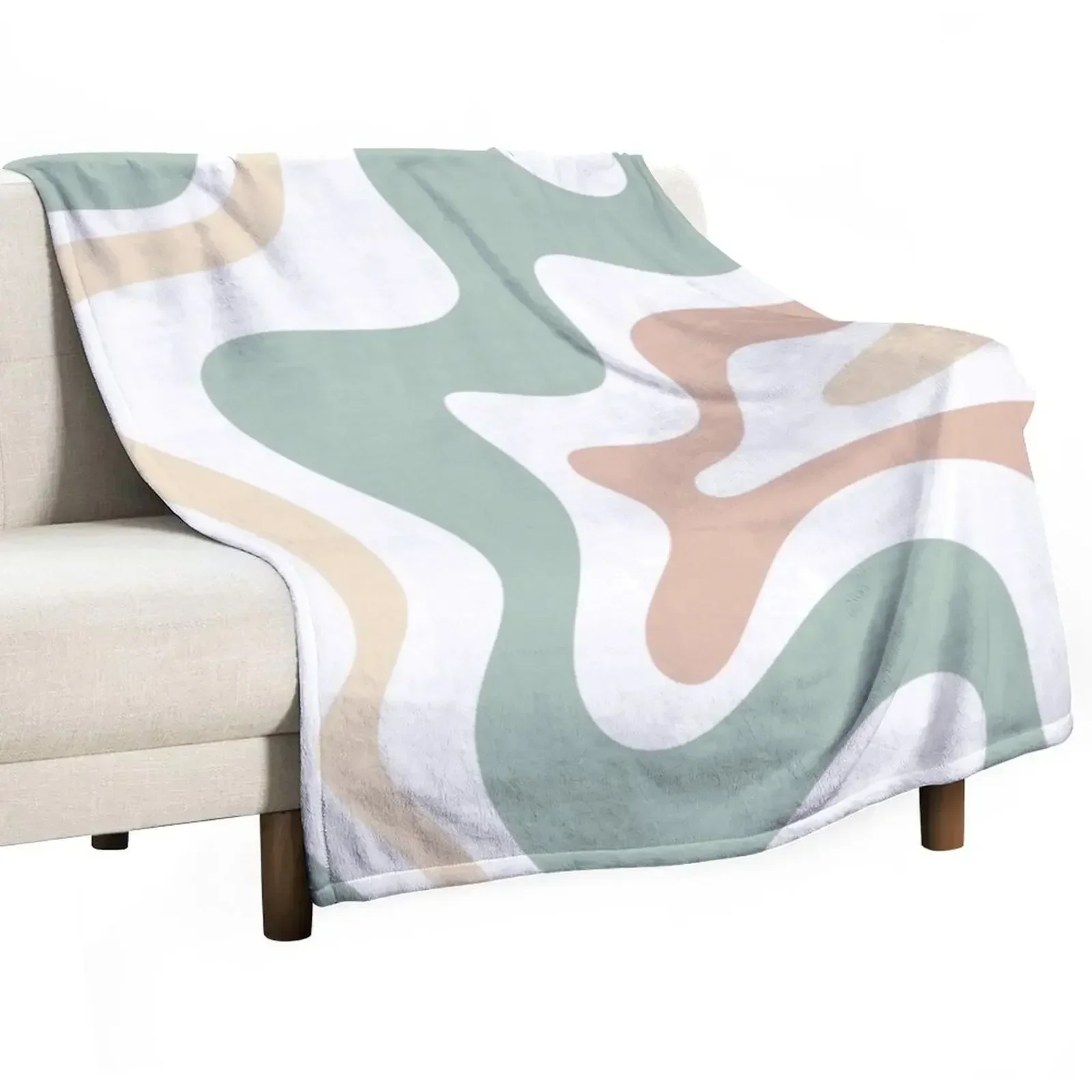 Liquid Swirl Retro Abstract in Light Sage Celadon Green, Light Blush, Cream, and White Throw Blanket Vintage Blankets