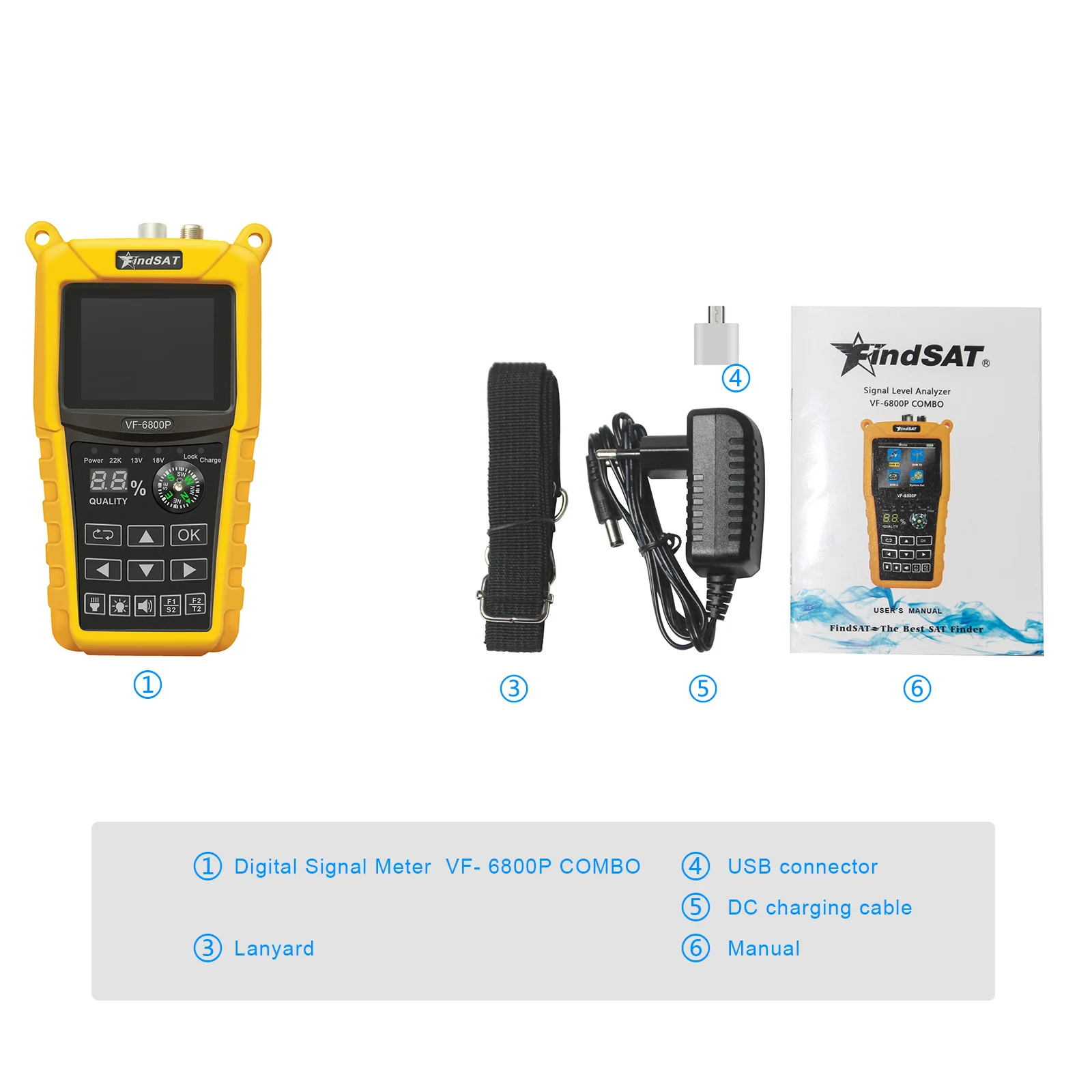 VF-6800P HD الرقمية الأقمار الصناعية مكتشف كومبو دعم DVB-T2/DVB S2/DVB C سات مكتشف متر لاستقبال الأقمار الصناعية dvb t2 موالف