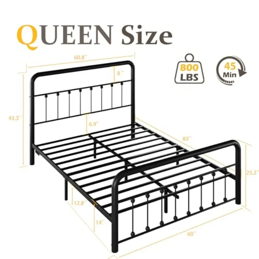 14 Inch Bed Frame for Bedroom: Victorian Iron-Art Metal, Black, Charging Station LED Lights, Under-Bed Storage, Noise-Free, No