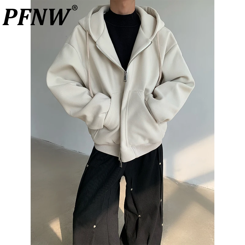 PFNW Autumn Winter Thick Minimalist Korean Trendy Oversize Woolen Jacket Loose Beige Hooded Zipper Cardigan Sweatshirts 12C1524