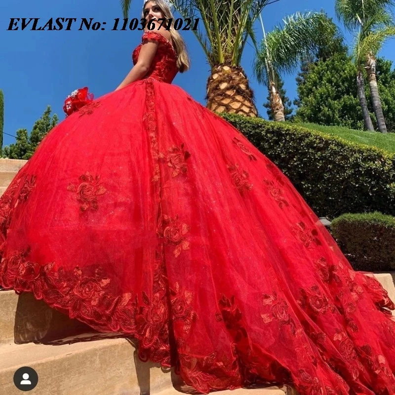 

EVLAST Customized Red Ball Gown Quinceanera Dress 3D Floral Lace Applique Beaded Mexican Corset Sweet 16 Vestidos De Anos SQ400