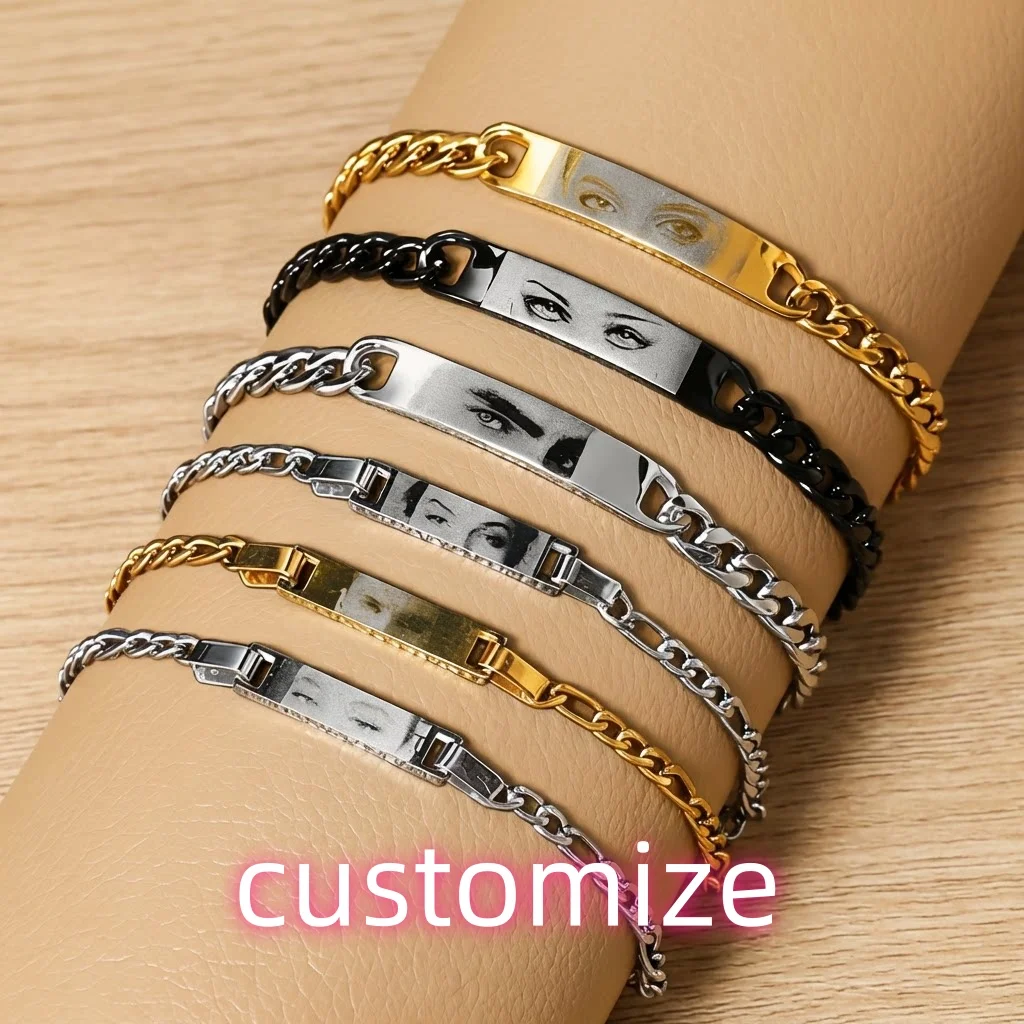 

Custom Stainless steel Bracelet Personalized Name ID Text Eye Photo mom Girl Valentines gifts laser engraving Women's bracelets