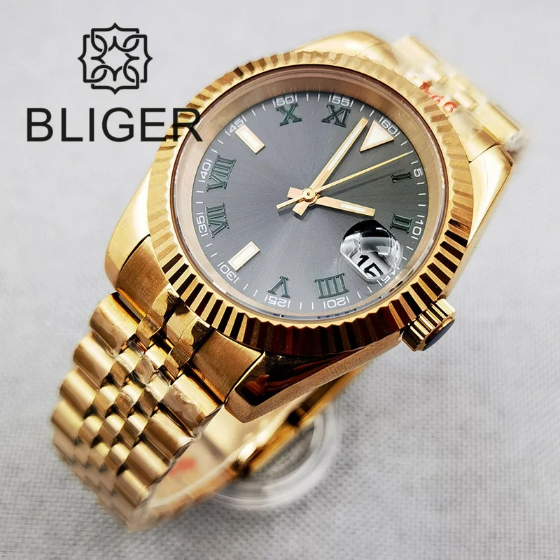 BLIGER 36mm 39mm NH35A Gray Dial Green Roman Index Automatic Mens Watch Sapphire Glass Rose Gold Fluted Bezel Steel Strap Date