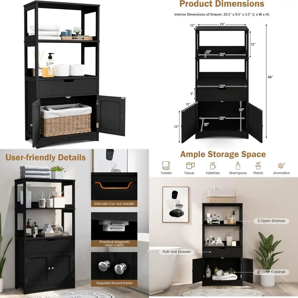 

Большой напольный шкаф для ванной комнаты Glacer, отдельно стоящий универсальный шкаф для хранения с выдвижным ящиком, 2 открытых полки и шкаф, excelle