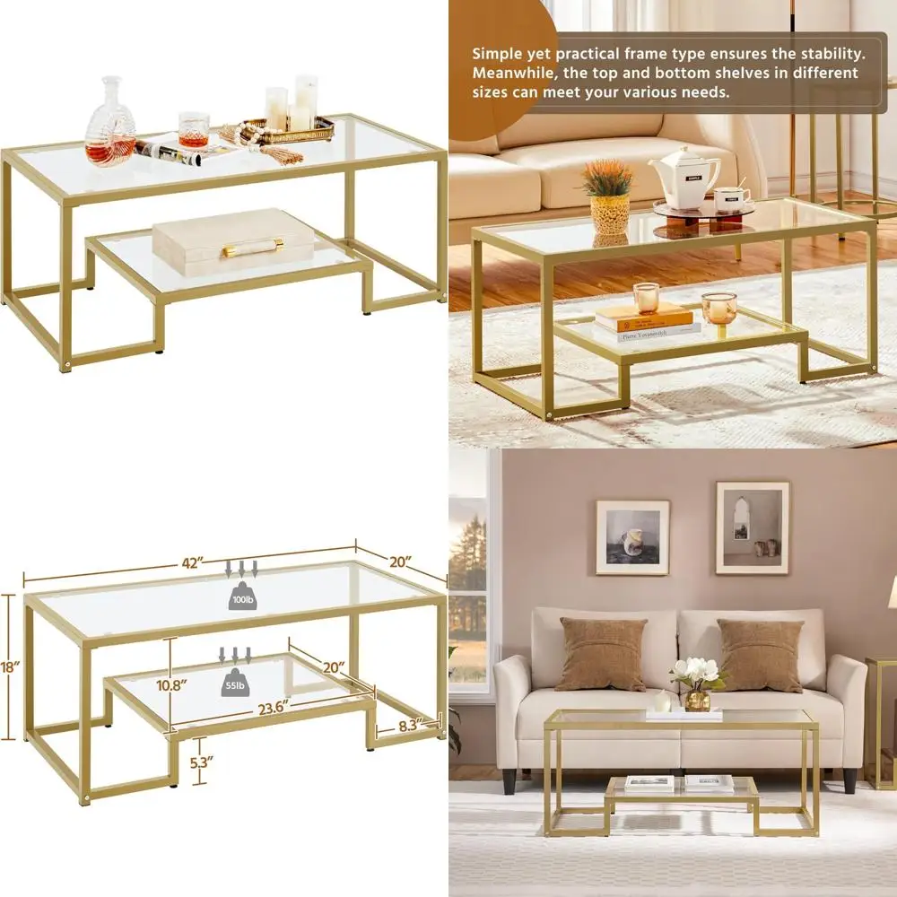 Rectangular Glass Coffee Table with Metal Frame for Living Room, 42 inches, 2-Tier Center Tea Table for Small Spaces