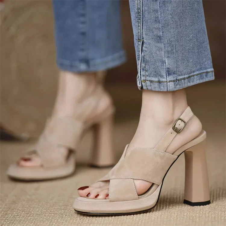 2024 Summer New One-button Sandals, Thick Open Toe Sexy Black Professional 9cm High Heels, Temperament Female Sandals