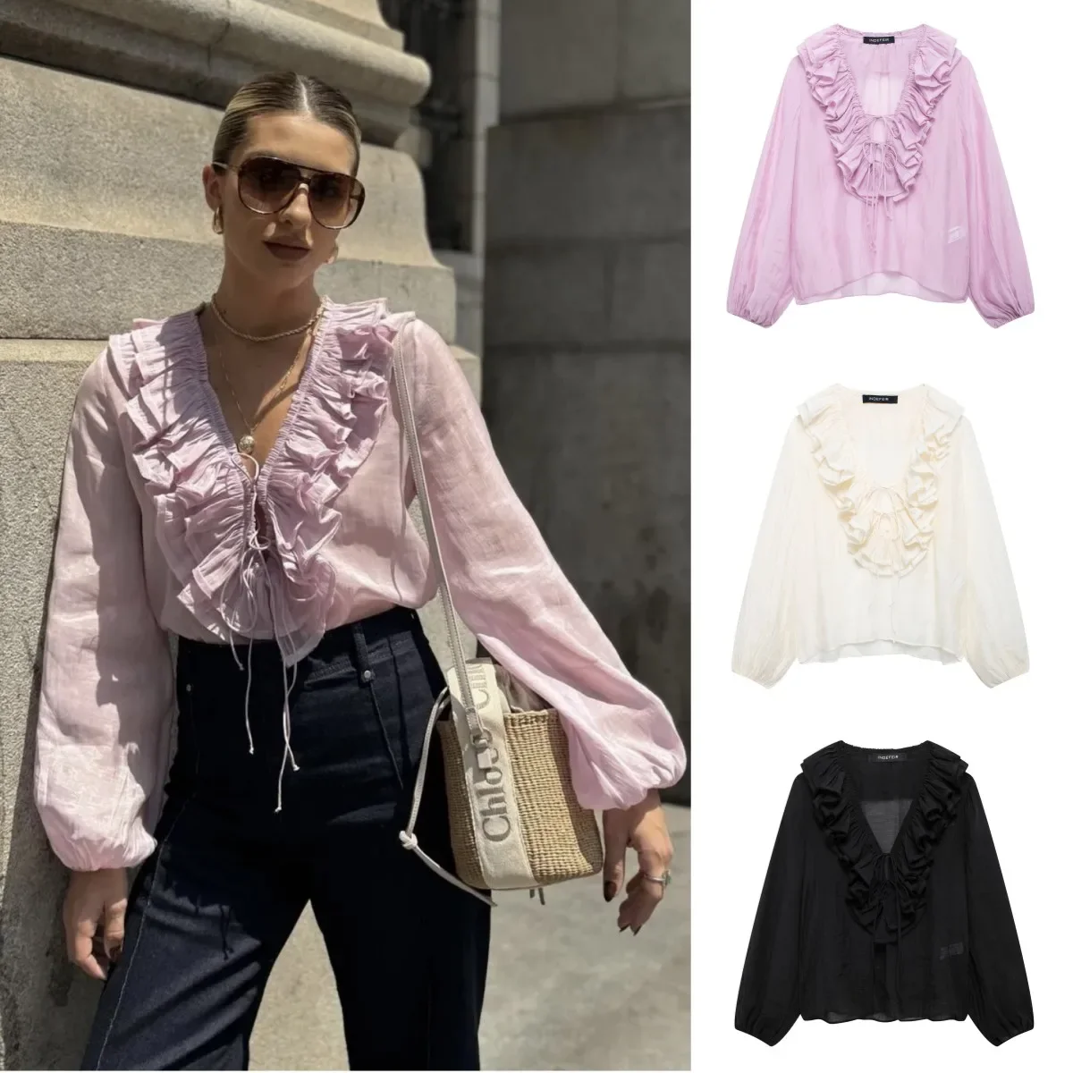 

Поп-весна, новая серия, ламинированная рубашка Lycel, полупрозрачная блузка с длинными рукавами и v-образным вырезом на шнуровке для женщин