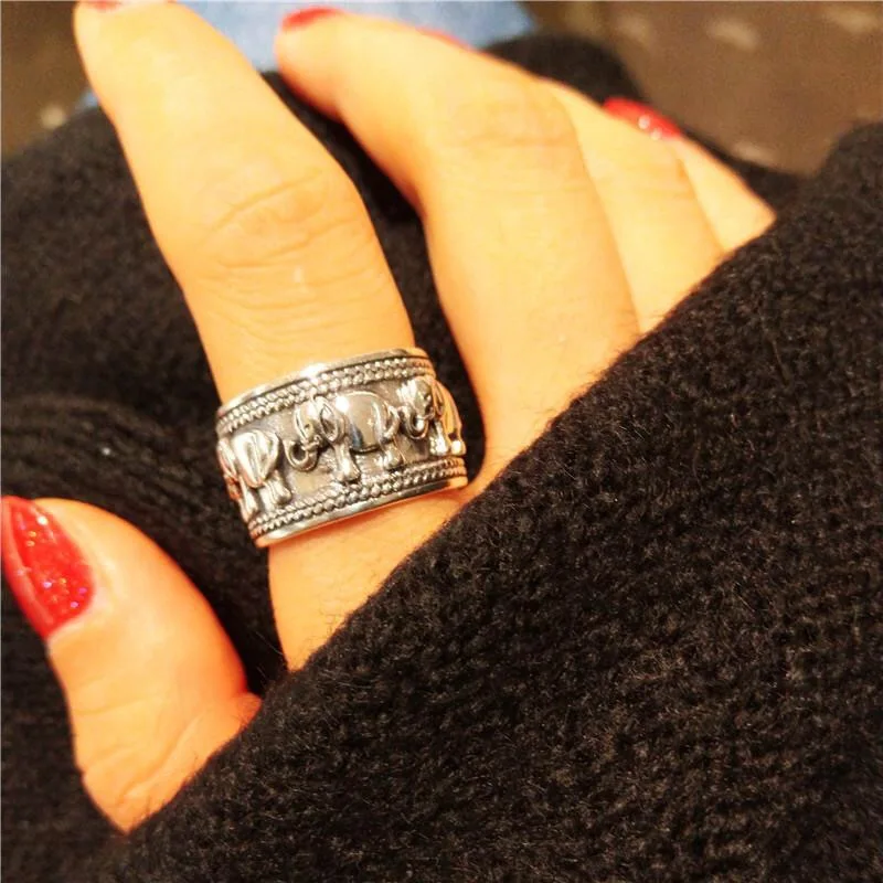 Retro Elephant Wide Ring For Women Men Silver Color Vintage Ethnic Style Open Ring Punk Gothic Accessories Designer Jewelry Gift