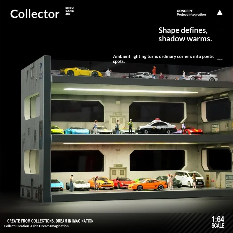 Shou Cang Jia 1:64 Scale Led Lighted Parking Garage Display Case Storage Rack For Tomica Diecast Car Diorama Scene Collectors