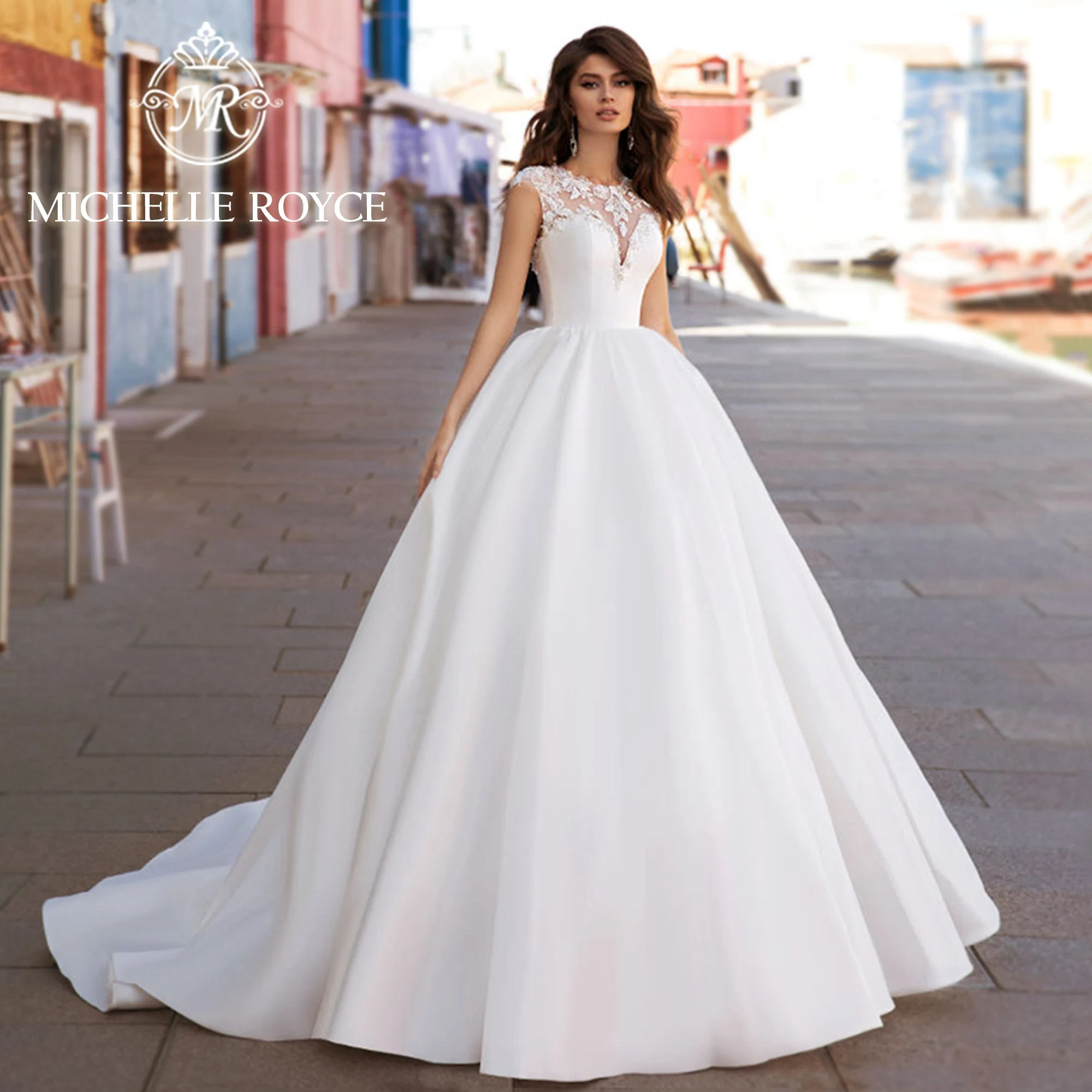 

Michelle Royce Ball Gown Sleeveless Wedding Dress Sexy SCOOP Appliques Beading Chic Satin Wedding Gown Vestidos Novias De Saten