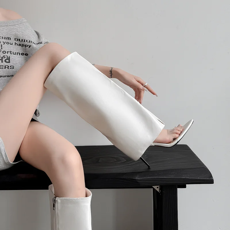 Arden furtado verão transparente pvc virado-over borda calças pernas botas dedo do pé apontado deslizamento-on stilettos salto aberto dedo do pé botas frescas