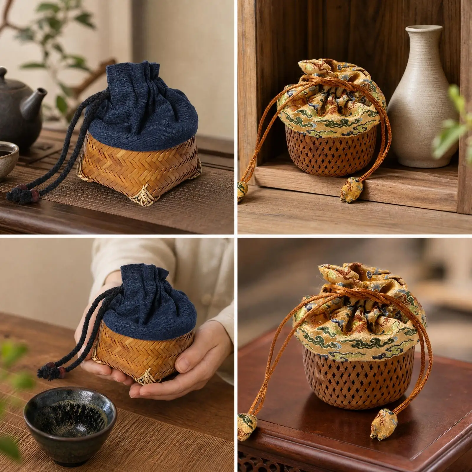 Handcrafted Drawstring Pouch Bamboo Tea Cup Holder Storage Bag with Cloth Top for Transport and Organizing
