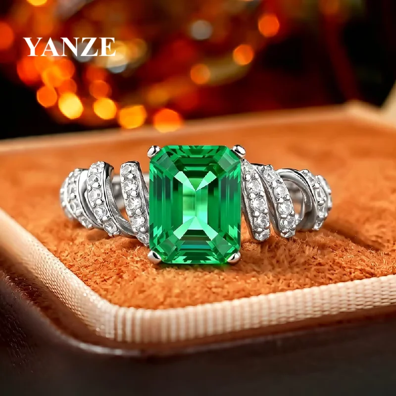 YANZE Lab Tsavorite 7*9mm Green Diamond Ring 100% Real 925 Sterling Silver for Women Engagement Party Jewelry