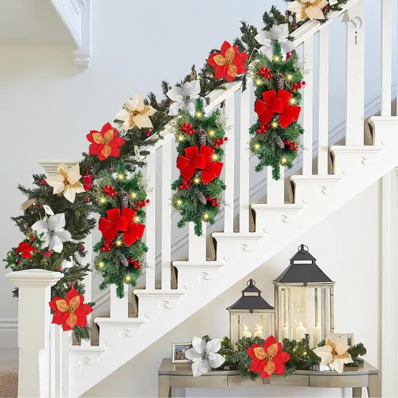 Christmas Wreath Garland For Stairs | Christmas Wreath With Red Bow | Garden Pine Branches And Cones Garland Doorway Ornament