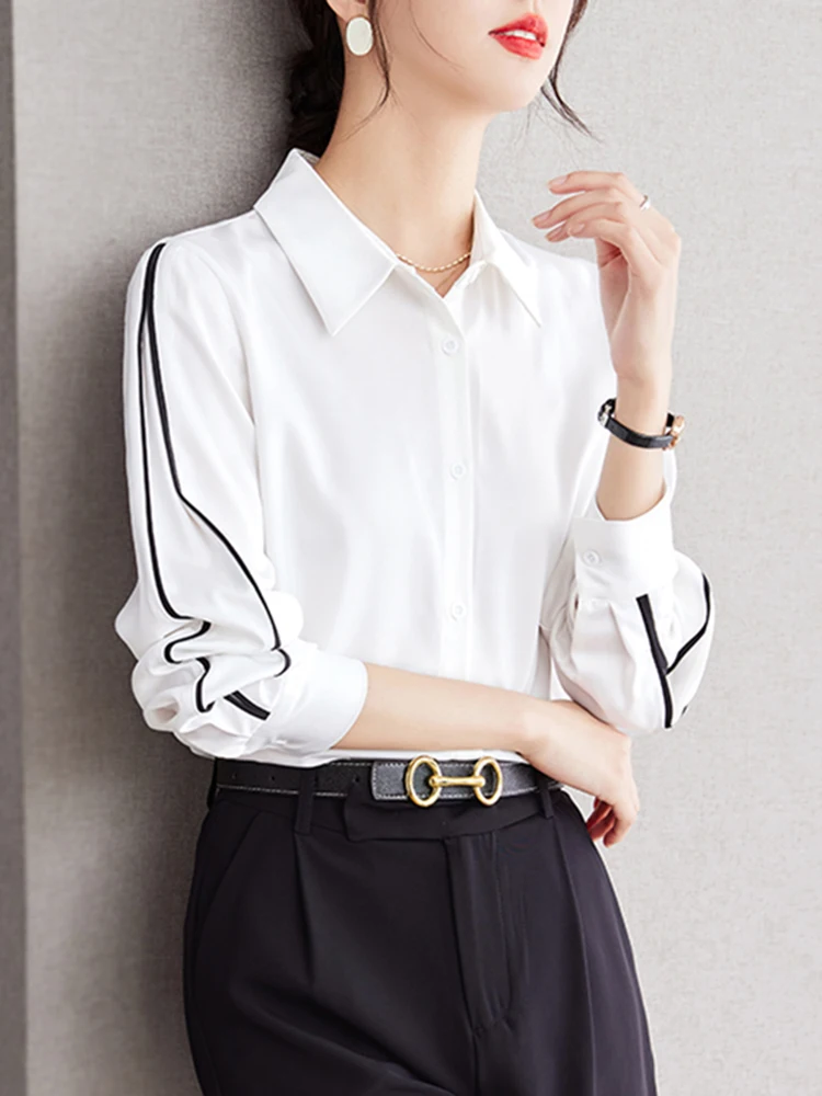 Korean Style Fashion Temperament Shirt Contrast Color Long Sleeve Shirt Casual Turn-down Collar Vintage Button Tops