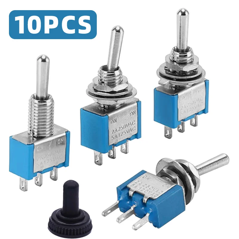 

10Pcs Light Blue Miniature Toggle Switch MTS-102/103/202/203 3 Pin 6 Pin Rocker Power Switch ON-OFF-ON / ON-OFF Waterproof Cap