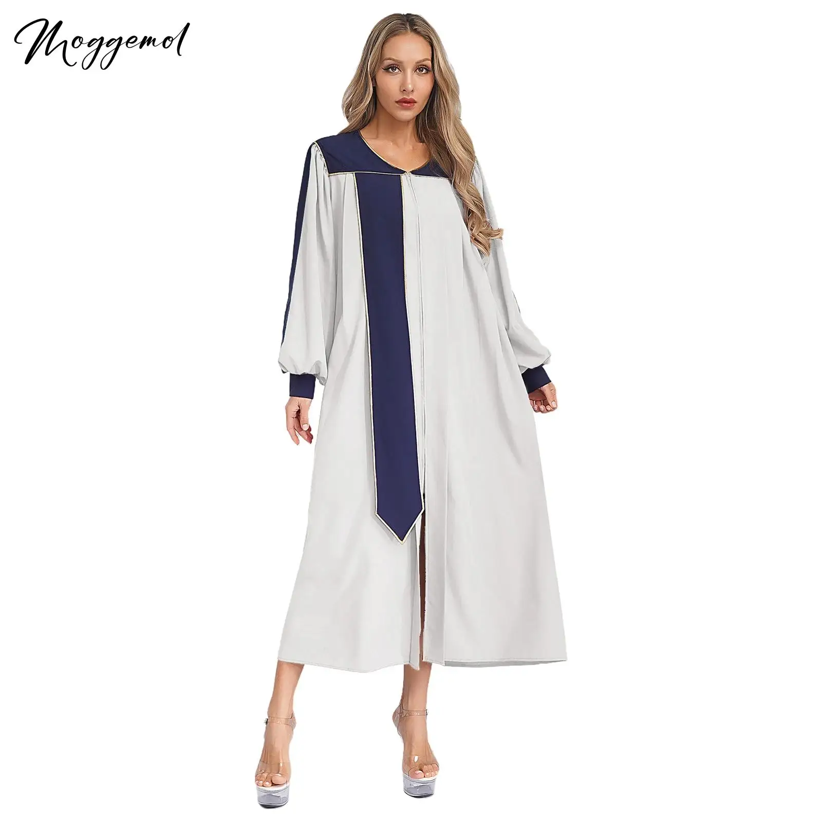 

Womens Color Block Church Robes Choir Robes Chorus Dress Stage Performance Costume V-neck Puff Sleeves Split Zipper Front Gown
