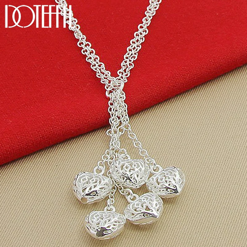 DOTEFFIL 925 Sterling Silver Multi-Chain Hollow Ball Five Heart Necklace Chain For Women Engagement Wedding Charm Jewelry