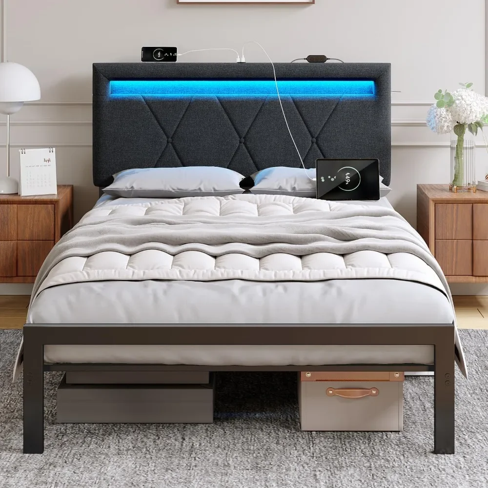 Bed Frame with Charging Station and LED Lights, Upholstered Bed with Height Adjustable Headboard, Noise Free, Easy Assembly