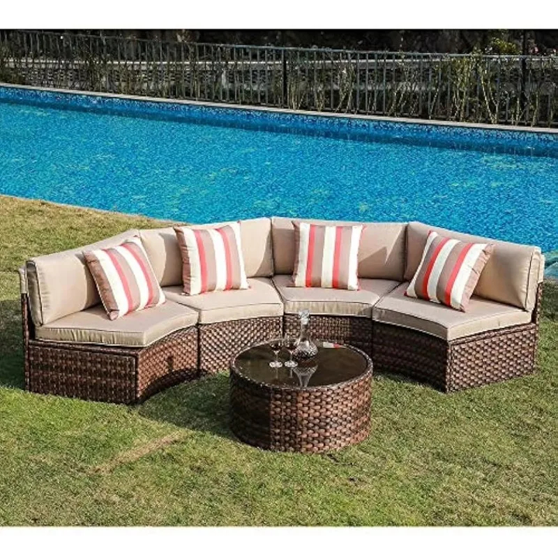 5-Piece Half Moon Outdoor Sectional Sofa Set with Cover, Patio Brown PE Wicker Furniture with Beige Cushions