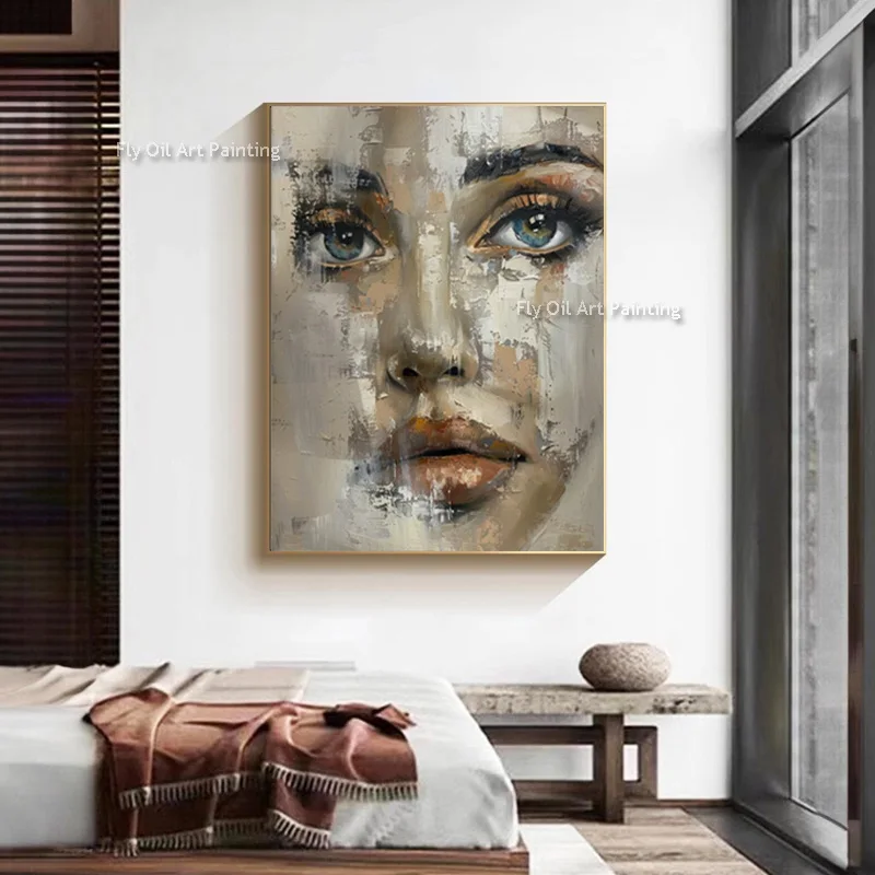 New Original Design Gray White Women Portrait Canvas Artwork Abstract Handpainted Brown Beige People Face Oil Painting For Decor