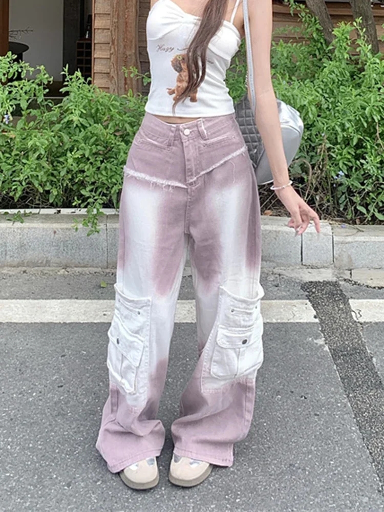 

Gradient Tie Dye Jeans Women Vintage Hotsweet Washing Denim Pants Retro High Waist Straight Casual Wide Leg Cargo Pant New