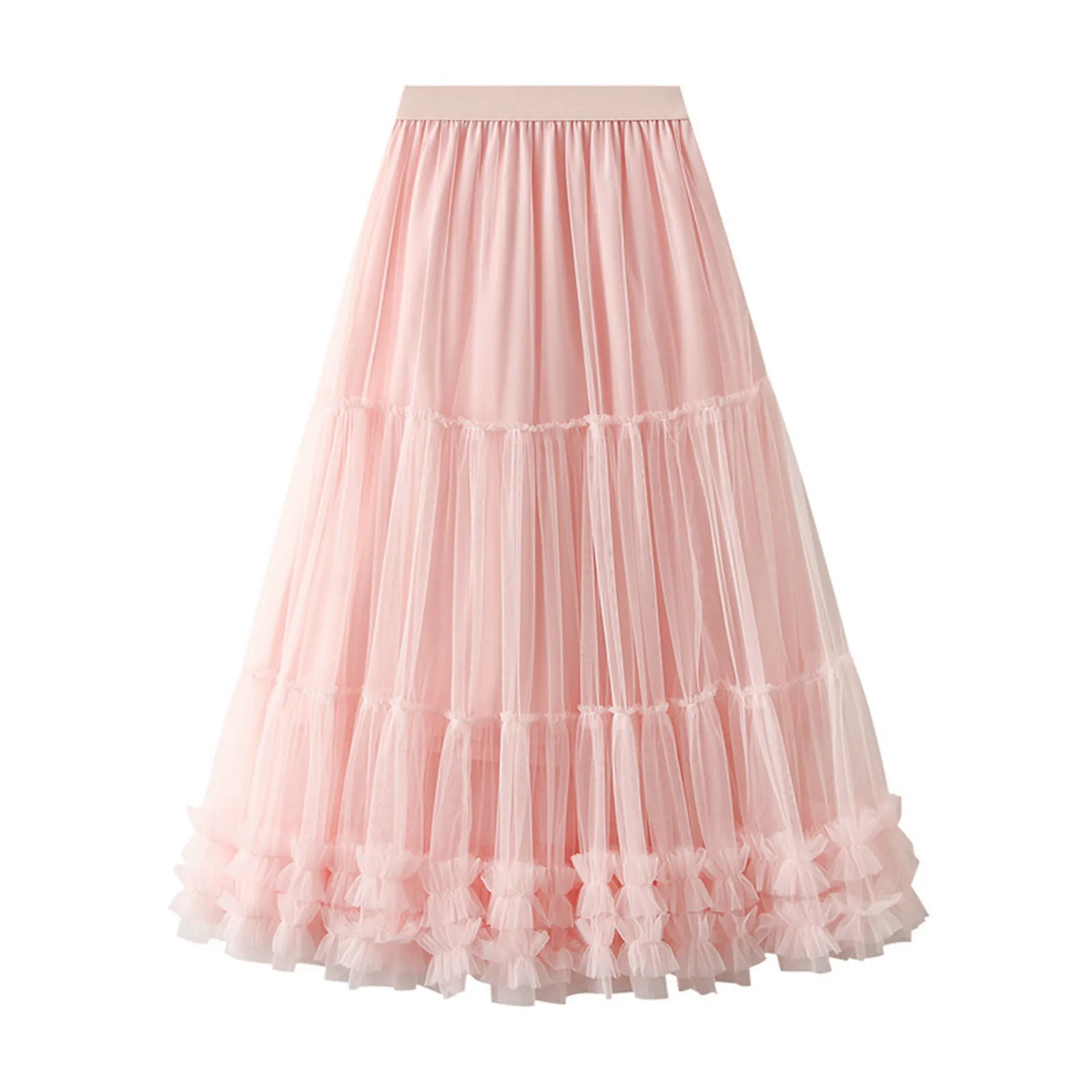 

High Elastic Waist Red Mech Ruffles A-line Elegant Midi Half-body Skirt Women Fashion New Spring Autumn Bridal Midi Tutu Skirts