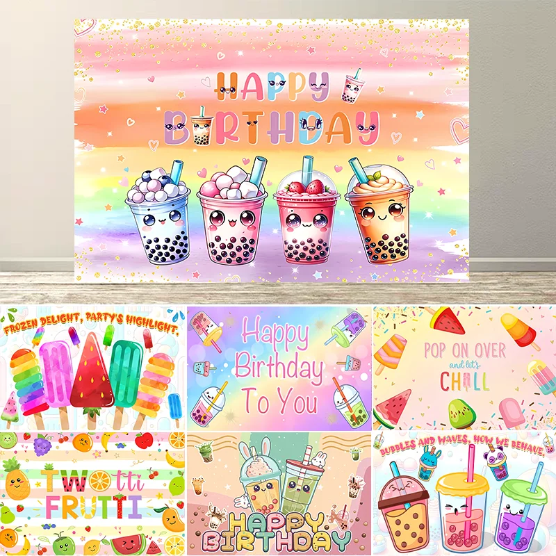 

Summer Popsicle Boba Tea Backdrop Colorful Sprinkles Happy Birthday Party Decor Rainbow Baby Shower Banner Cake Smash Photo Prop