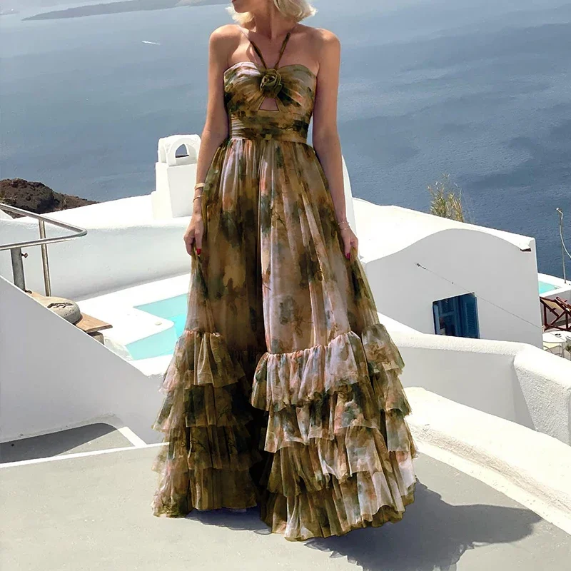 Vestido largo de cintura sin mangas con cuello colgante y temperamento elegante, vestido Sexy con hombros descubiertos para vacaciones, vestido Halter de dopamina, vestido de pastel Bohe Lrs