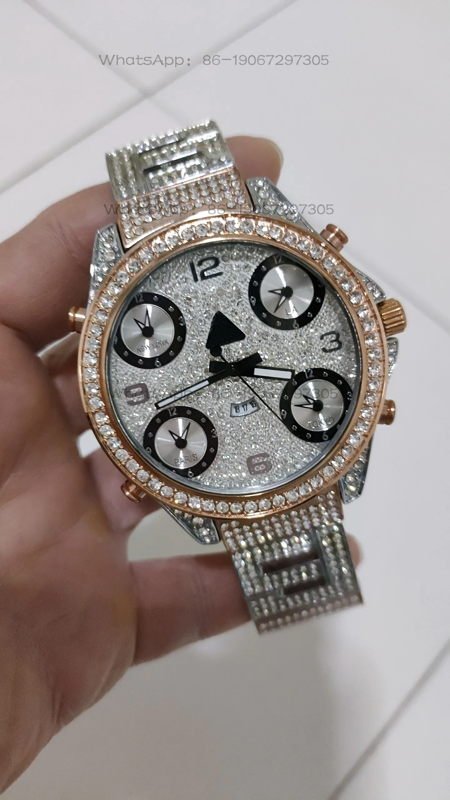 Large plate quartz gypsy couple gold high-end steel belt rhinestone watch view 2