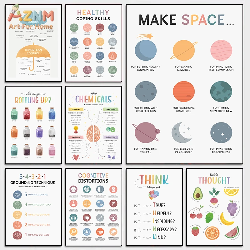 AZNM - Arte de pared en lienzo sin marco para terapia de salud mental, póster impreso con habilidades para el cuidado personal para decoración de consultorio de asesoramiento