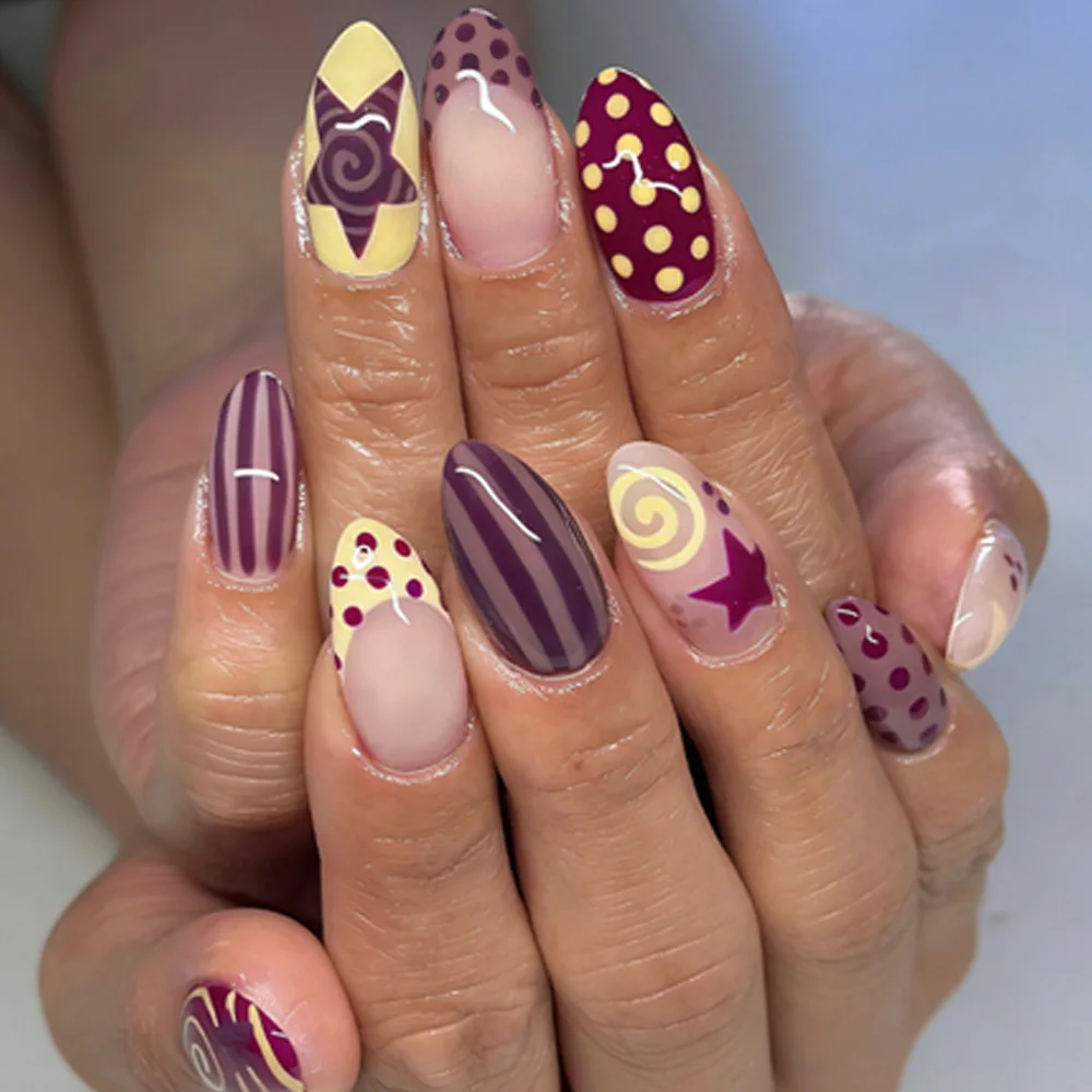 

24PCS Almond Press on Nails Purple Yellow Star Swirl Polka Dot Stripe Print Retro Y2K Style Cute Reusable False Nails for Daily
