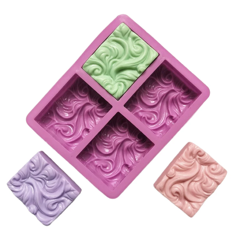 4-Chamber 3D Handmade Silicone Soap Mold Wavy Ripple Pattern Flower Shaped Soap Making Mold DIY Square Round Soap