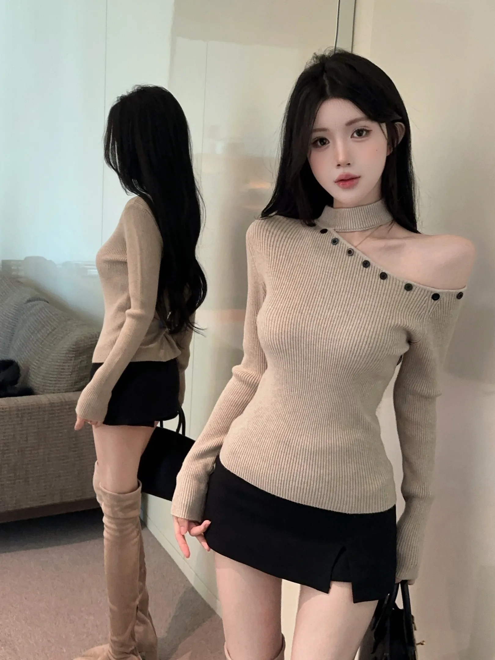 Asymetryczny sweter damski z dzianiny na jesień i zimę z wysokim kołnierzem, bazowy sweter do noszenia pod spód, elegancki sweter.