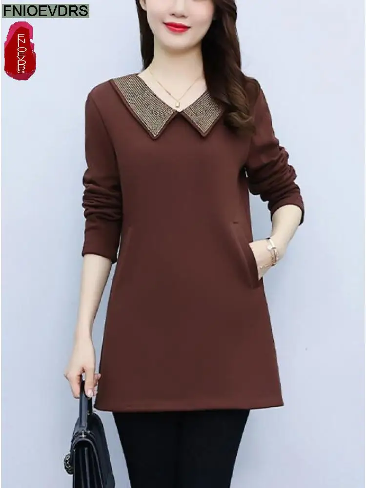 L-5XL Loose Clothes 2023 Women Peter Pan Collar Winter Warm Thick Shirts Casual Retro Vintage Floral Tunic Peplum Tops Blouses