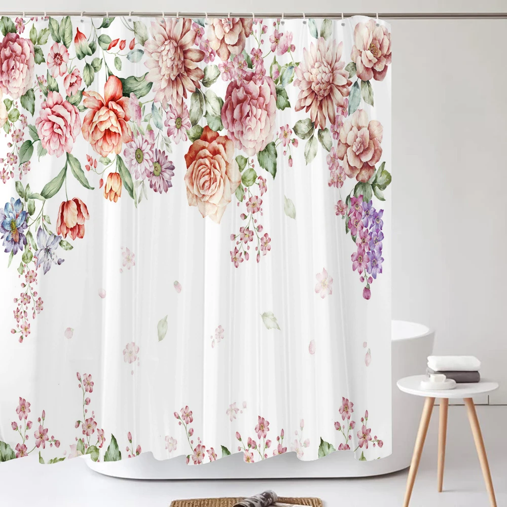 3D Flower Butterfly Birds Print Nordic Style Shower Curtain Set With Hooks Natural Landscape Home Decoration Bathroom Curtains