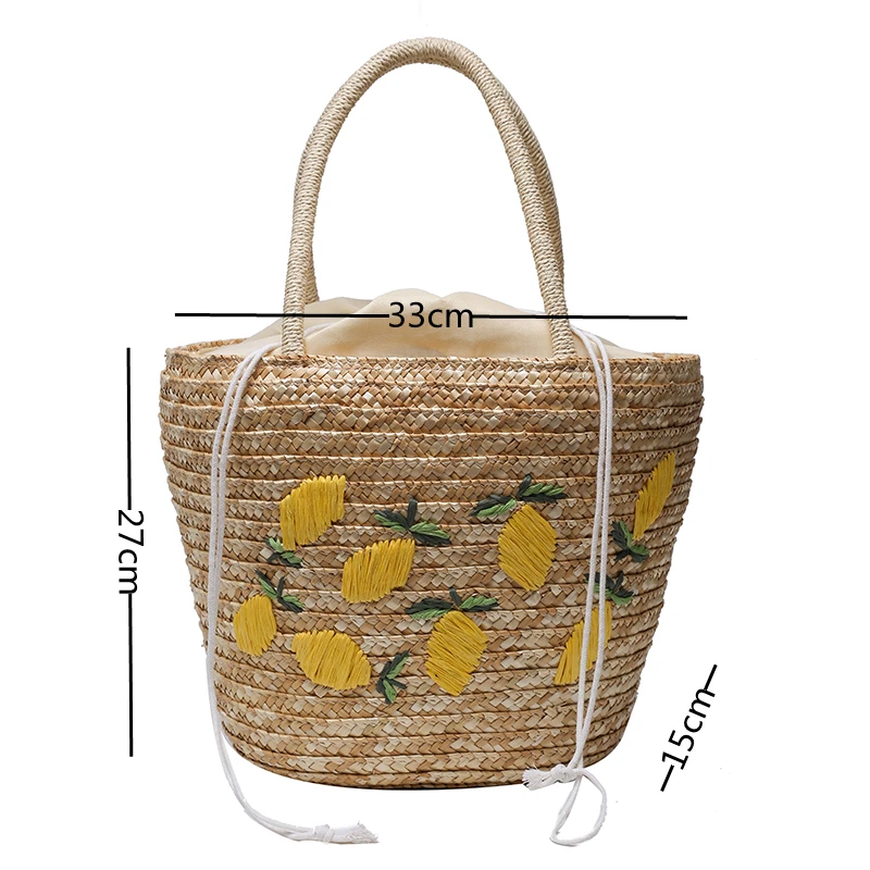 Summer Women\'s  Hand-woven Straw Bag Fashion Lemon Embroidery Handbag Female Holiday Travel Beach  Large Capacity Tote Bag 2022