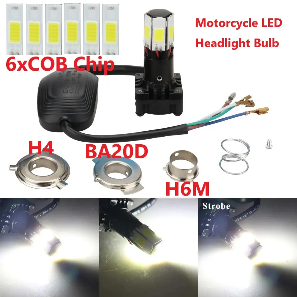 H4 LED Motorcycle Headlight, BA20D P15D LED Moto 6 COB Chips High Low Beam Bulb for Motorbike Front ATV Headlamp.DC 9-80V.