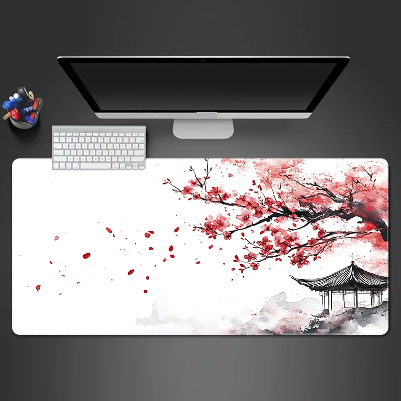 

XXL Gaming Mouse Pad, Cherry Blossom and Japanese Pagoda Design, Non-Slip Rubber Base, Large Desk Mat for Work, Home, and Office