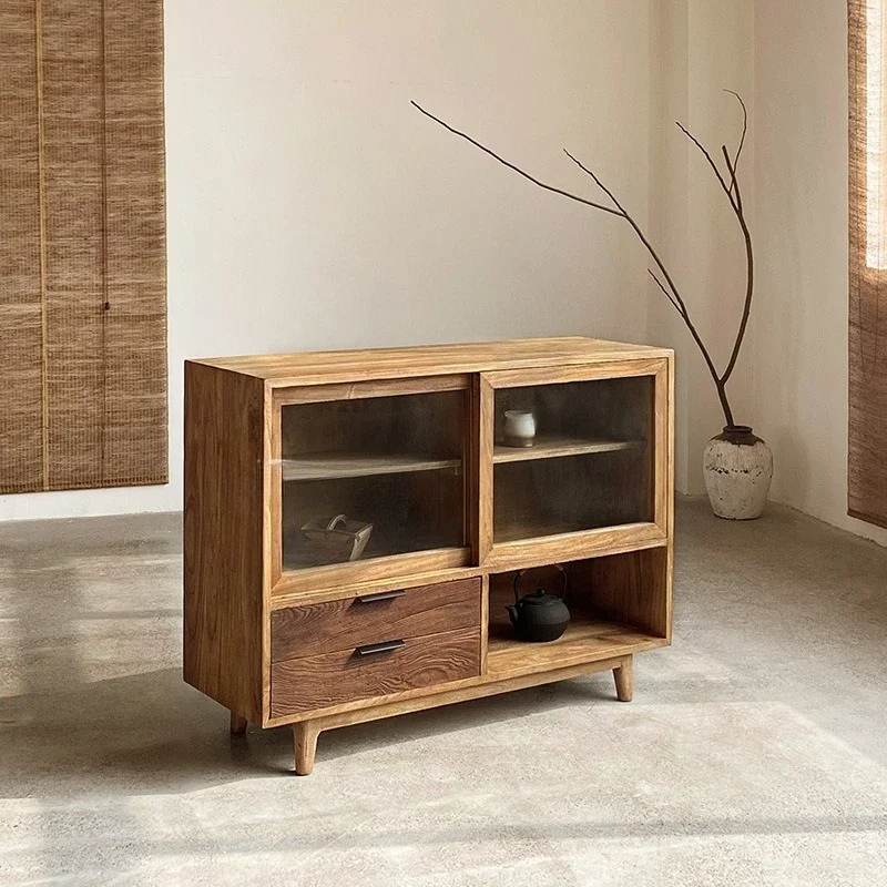 Medieval wabi-sabi style solid wood sideboard, pantry cabinet, homestay storage glass, living room, floor-to-ceiling sideboard