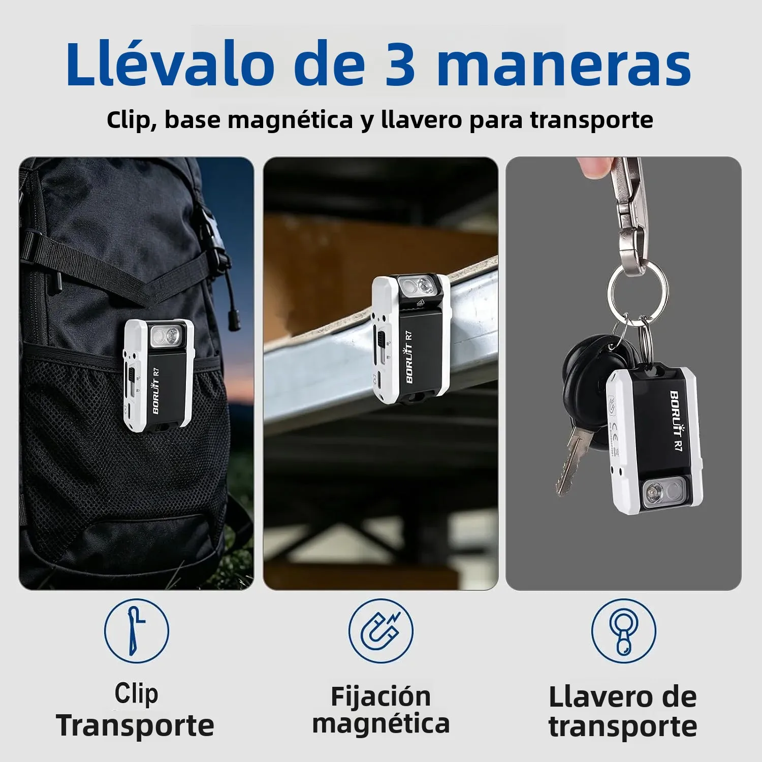 Linterna BORUiT R7 de 800 lúmenes, multicolor, con carga tipo C, llavero, imán, resistente al agua, para camping, hogar y emergencias.