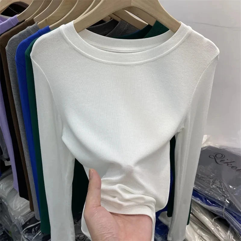 T-shirt à manches longues et col rond élastique pour femme, haut moulant et Sexy, à la mode coréenne