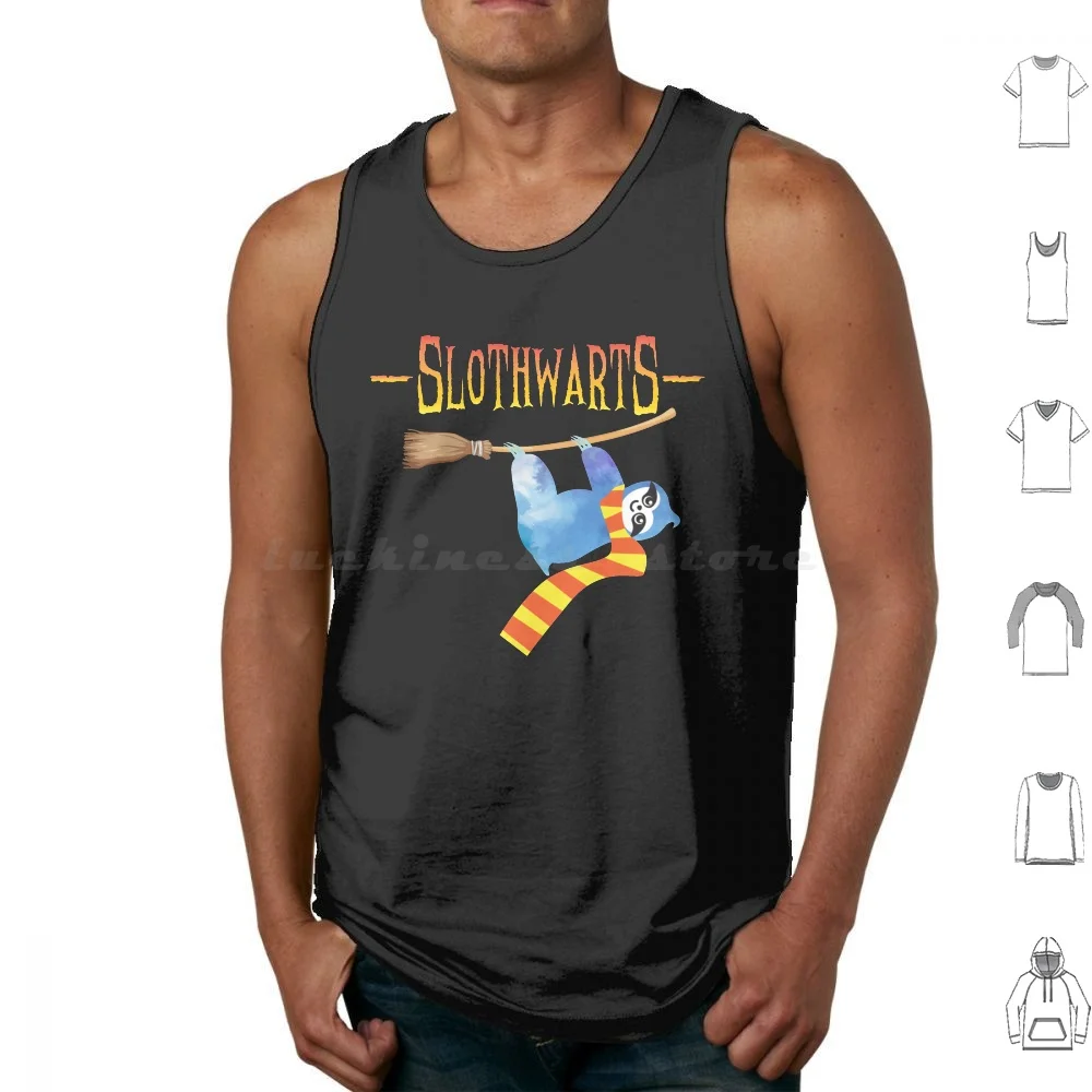 Slothwarts , Sloth On A Broom Tank Tops Print Cotton Sloth Broom Broomstick Witch Wizard Lazy Lazy Day Magic School Of