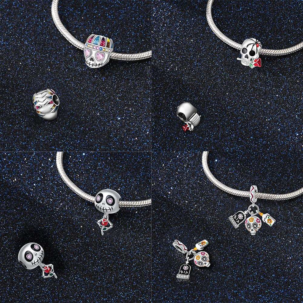 Original 925 Sterling Silver Halloween Series Skull Ghost Death Charm Bead Fit DIY Bracelet Women's Jewelry Gift